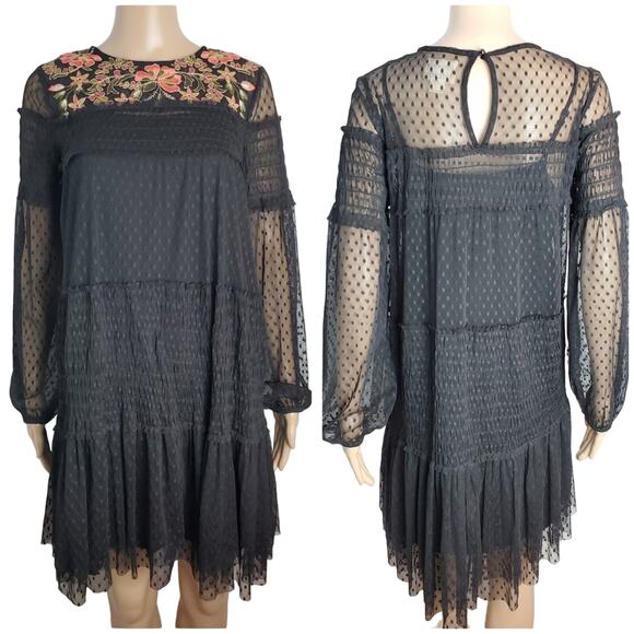 Anthropologie Dresses & Skirts - Maeve x Anthropologie Sarama Black Tunic Sheer Tule Floral Embroidered Dress